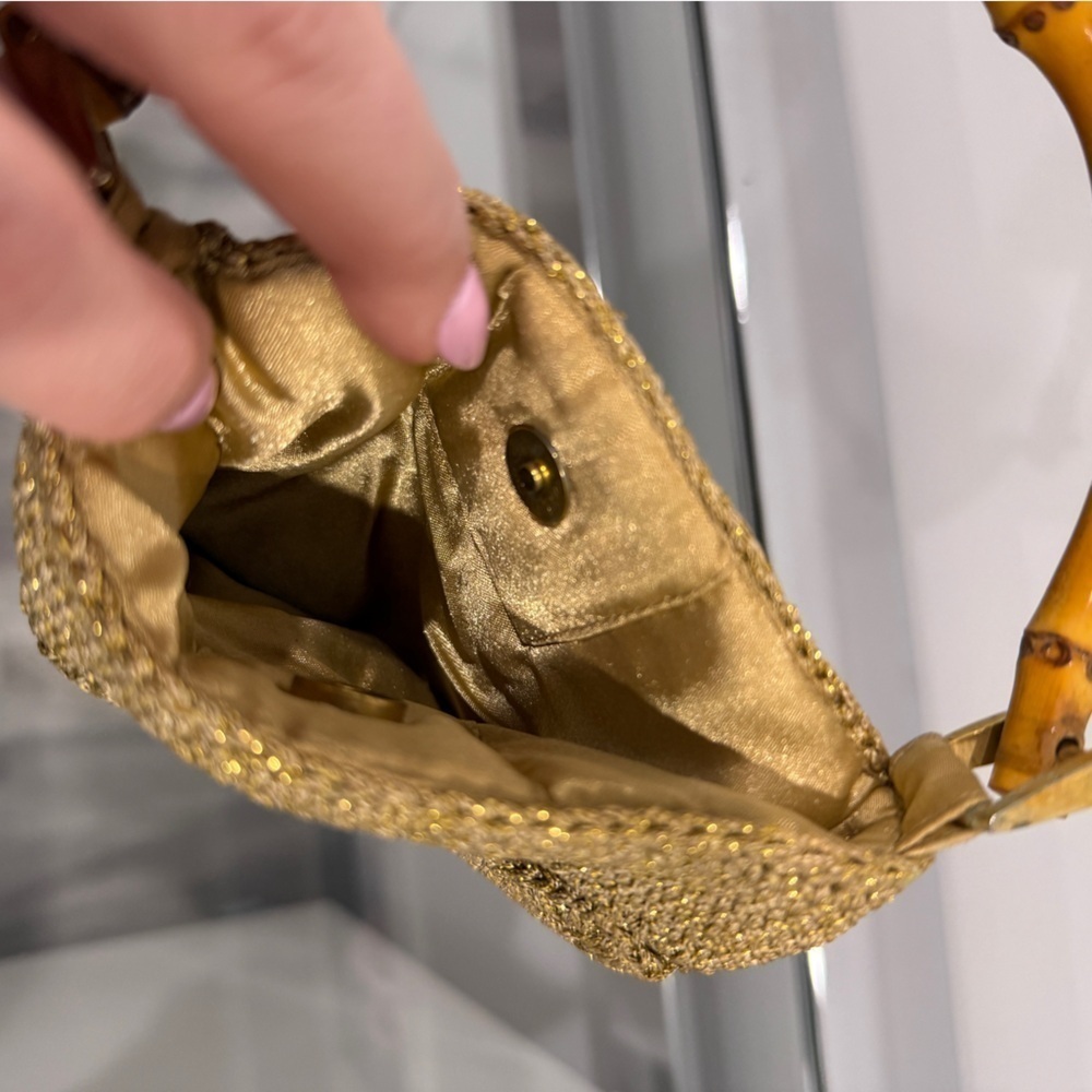 From India Tan Wooden Handle Sparkly Mini Bag Magnetic One Button Closure - Picture 5 of 5